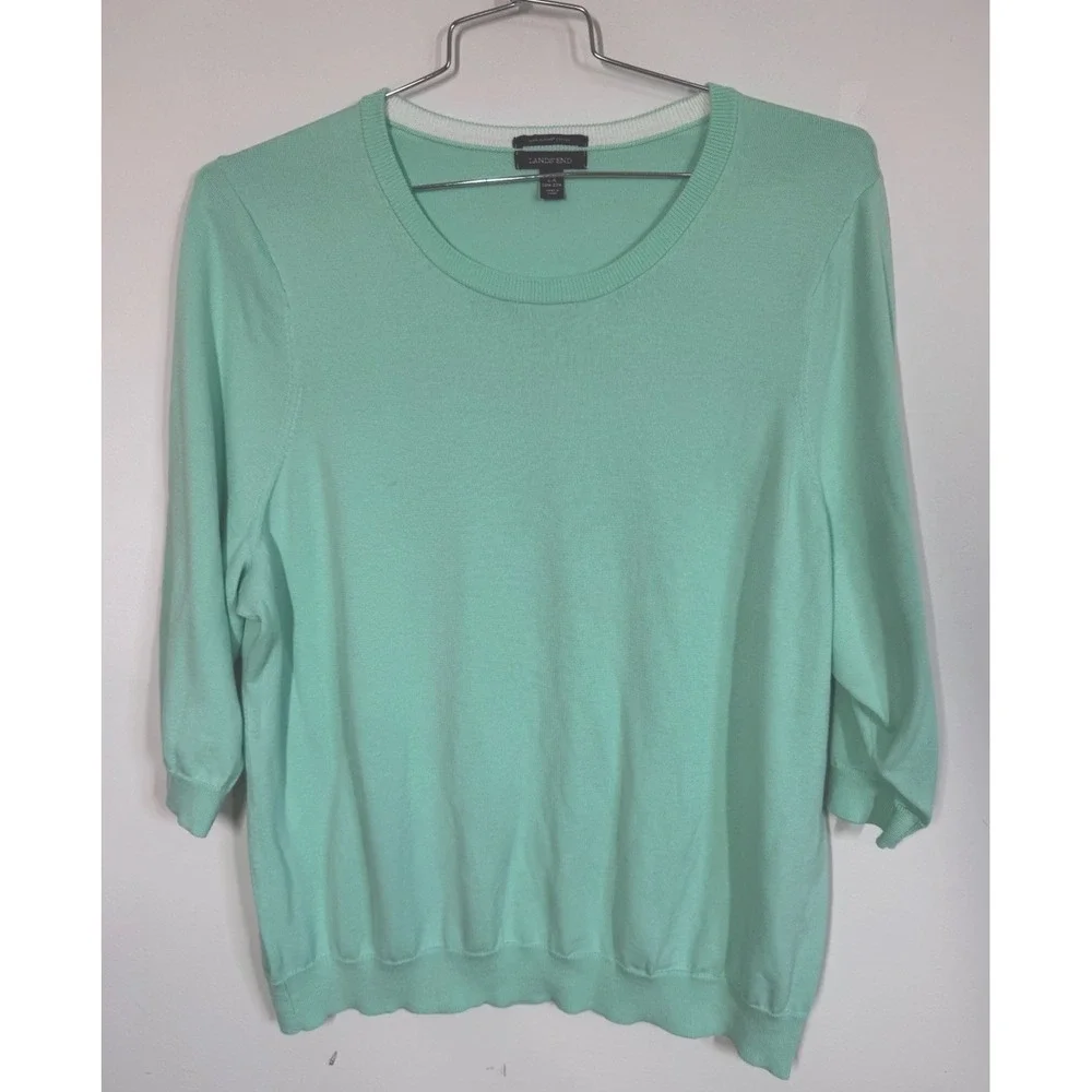 Lands End Supima Cotton Mint Green 3/4 Sleeve Crewneck Sweater Women's 2X Resort